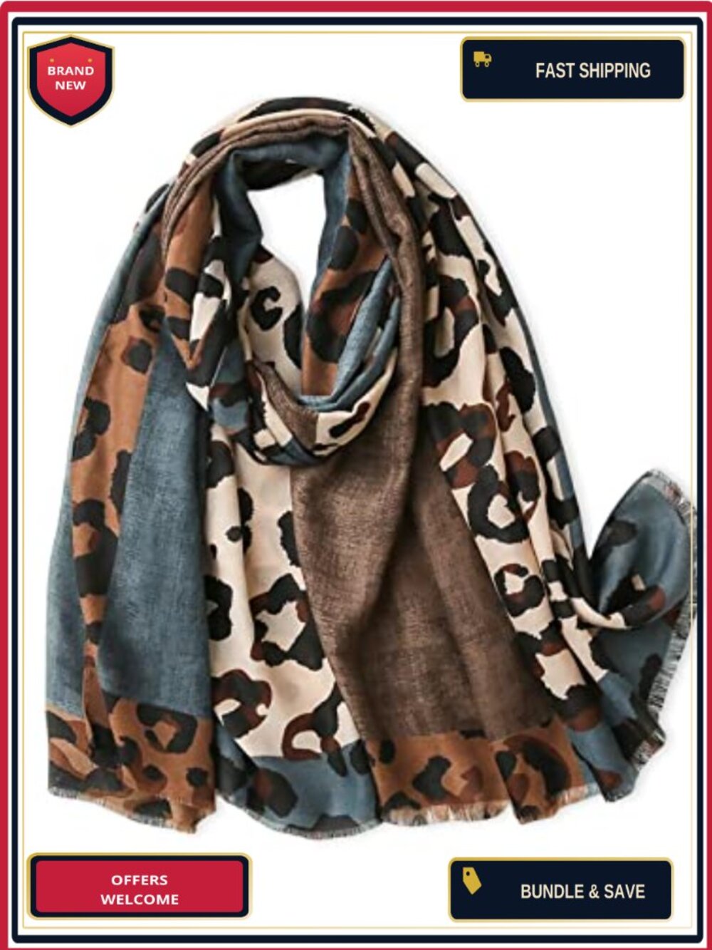 Leopard Print Cotton Linen Texture Scarf with Tassels Lightweight Shawl Stole